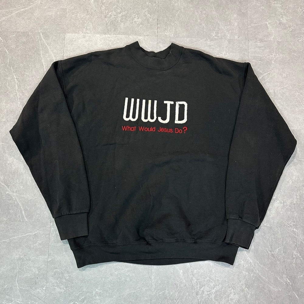 Vintage Fruit of the Loom WWJD What Would Jesus Do Sweatshirt Black XL 3854